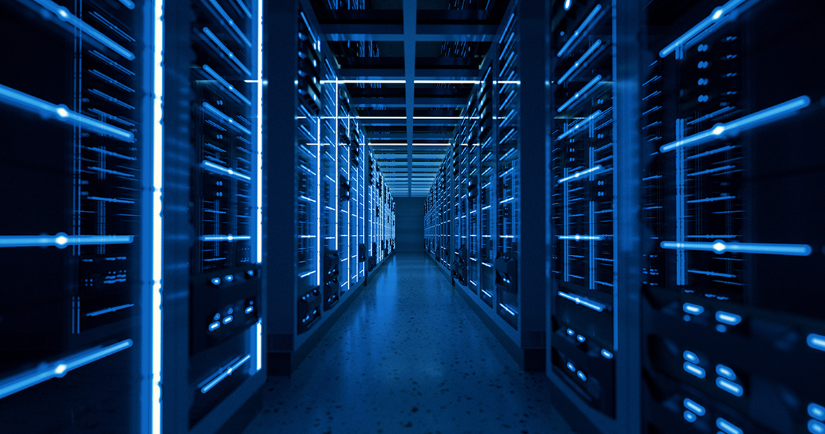 High-tech modern data center with blue LED lighting and multiple server racks, professional setup